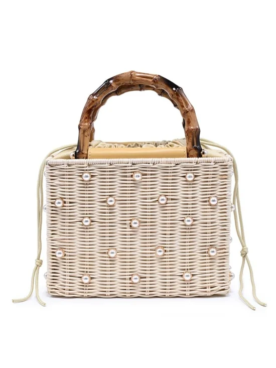 Maxie Evening Women’s Pearl-Embellished Wicker Top-Handle Bag in Cream - Picture 2 of 7